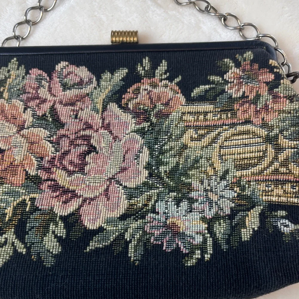 Vintage Needlepoint Floral Tapestry Evening Bag - Black and Pink w/gold hardware